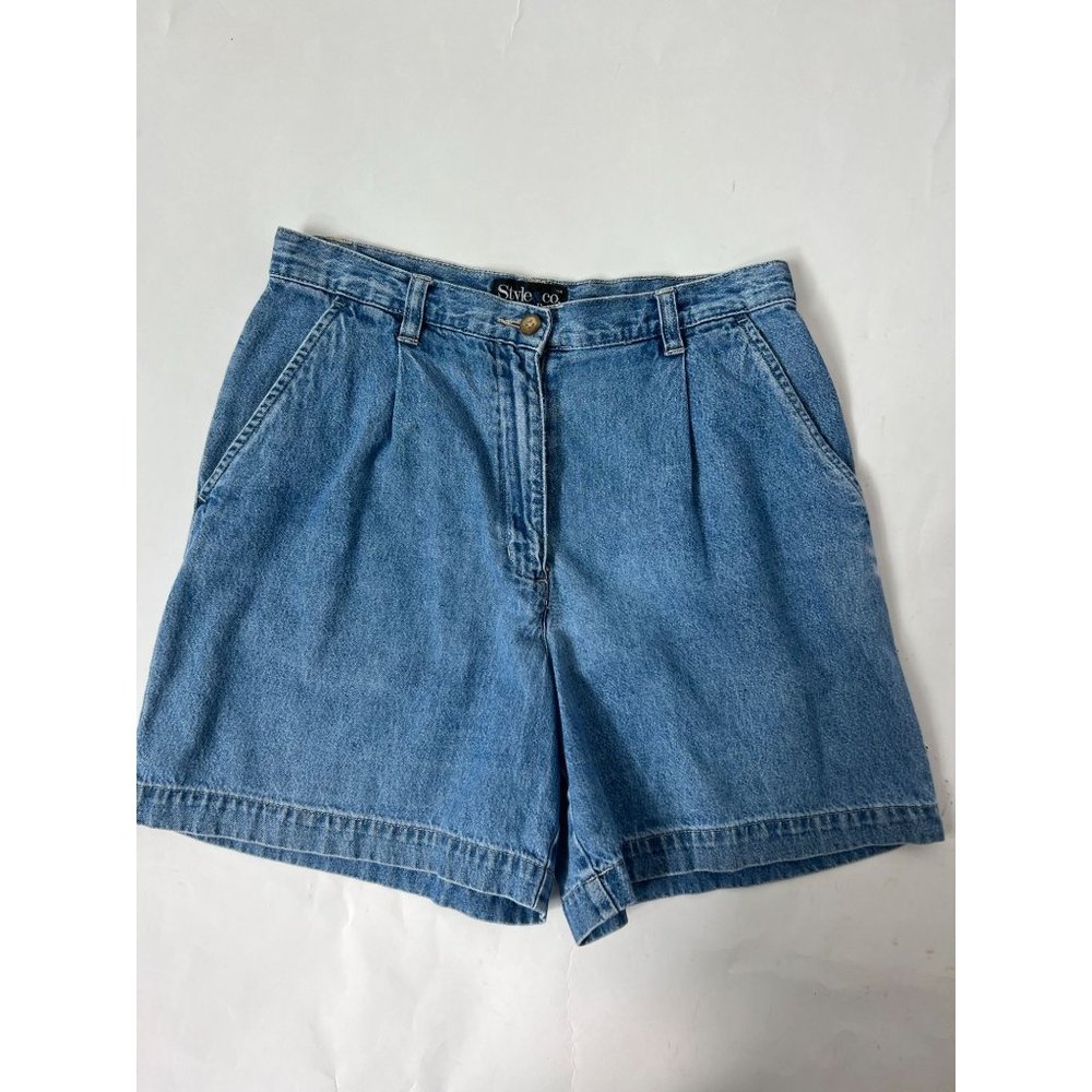 Style & Co Petite Pleated Front Short  8P Blue   Cotton Denim